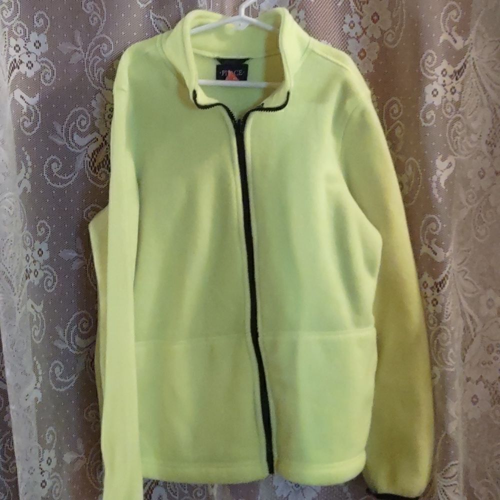 Place Kids 10-12 Neon green Zip Fleece Jacket Pockets Thumb loop